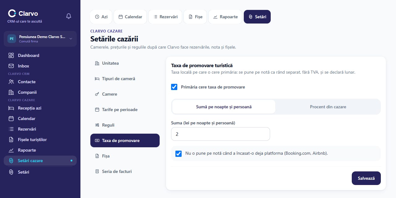 Setarea taxei de promovare turistică în Clarvo Cazare: sumă pe noapte și persoană sau procent din cazare, după cum cere primăria, cu scutirea rezervărilor la care a încasat-o platforma