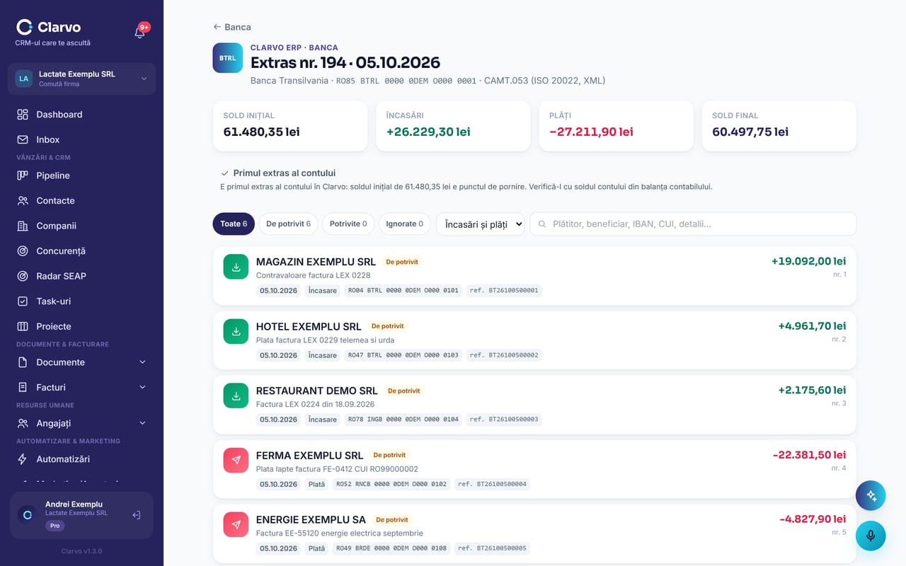 Extrasul bancar importat în Clarvo ERP: soldul inițial și final, încasările de la clienții de exemplu și plățile către furnizori, fiecare linie de potrivit cu factura ei