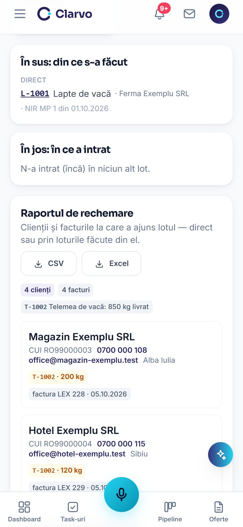 Trasabilitatea lotului de telemea pe telefon: din ce lapte s-a făcut și la ce clienți a ajuns, cu exportul raportului de rechemare