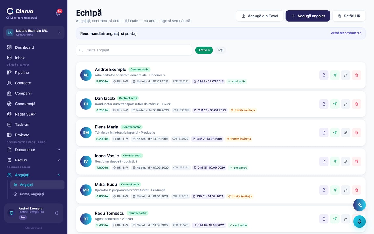 Echipa în Clarvo HR: angajații unei firme de exemplu, cu funcția, programul, data angajării și contractul de muncă