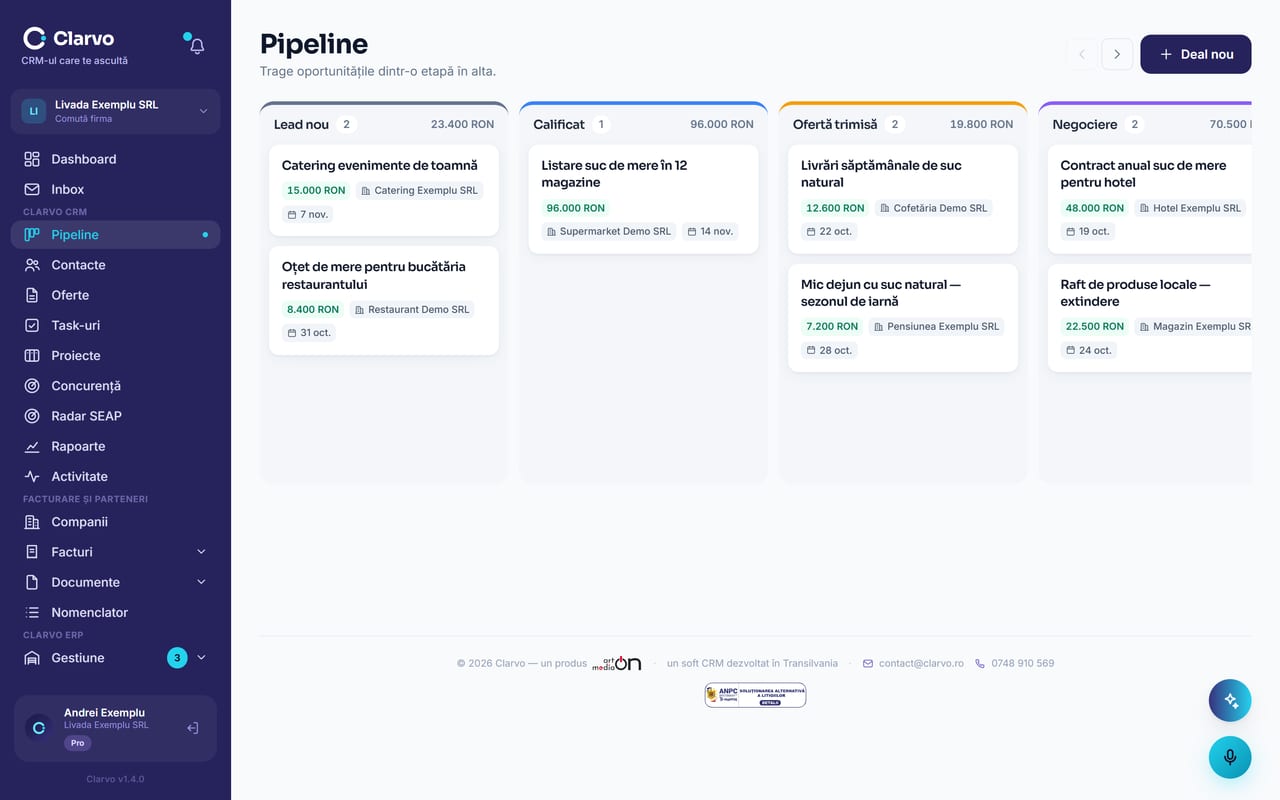Pipeline-ul de vânzări în Clarvo CRM: oportunitățile unor clienți de exemplu pe etape (lead nou, calificat, ofertă trimisă, negociere), cu valoarea și termenul fiecăreia