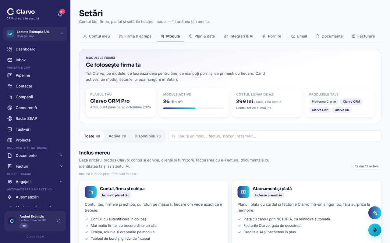 Setări → Module în Clarvo: planul firmei, 25 din 48 de module active, costul lunar și produsele folosite (Platforma, CRM, ERP, HR)