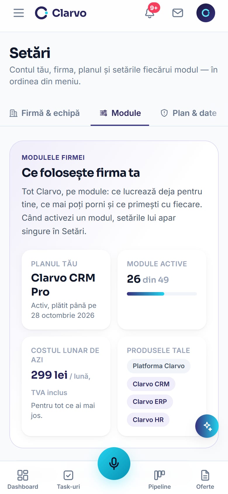 Setări → Module pe telefon: planul firmei, modulele active și produsele Clarvo folosite