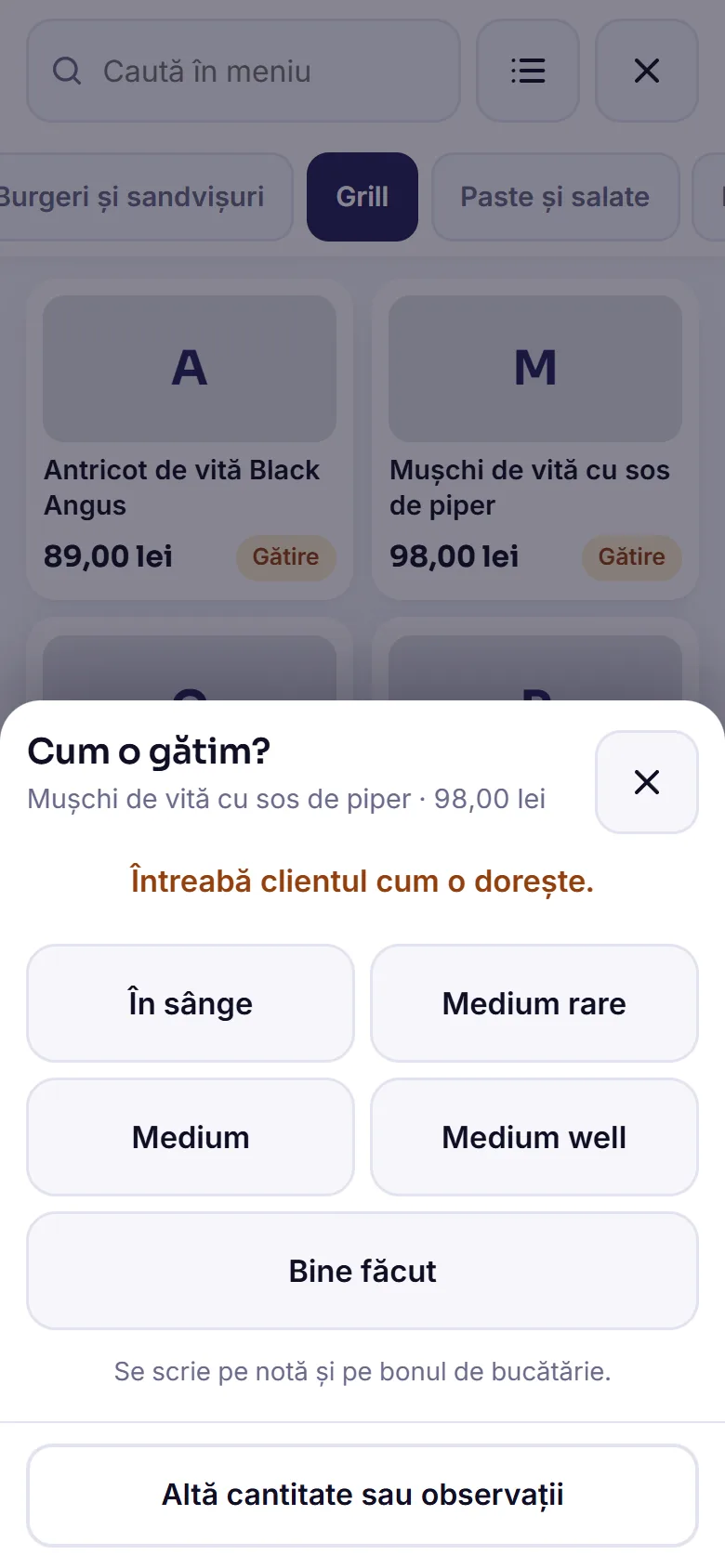 Telefonul ospătarului: «Cum o gătim?» la mușchiul de vită